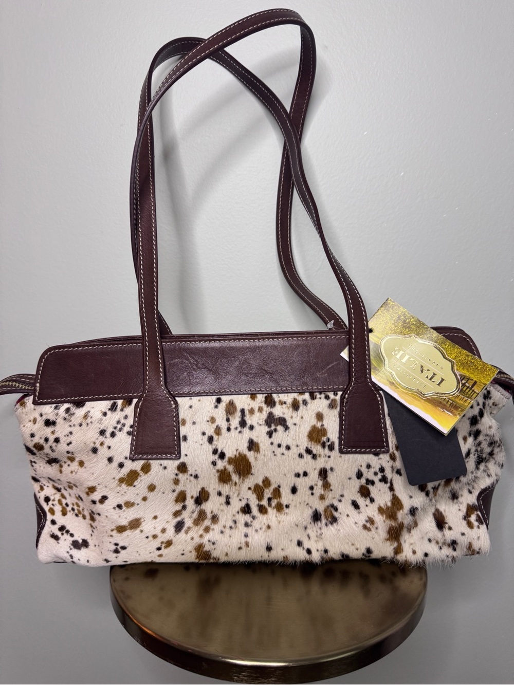 Spotted Haircalf Shoulder Bag with Dark Brown Trim